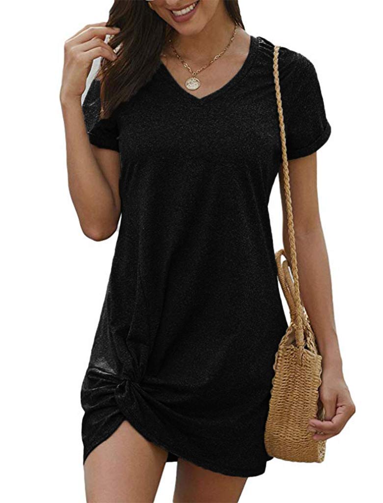 Locryz Short Sleeve Dresses for Women Summer V Neck Twist Knot Casual T Shirt Dress S Black - Image 5
